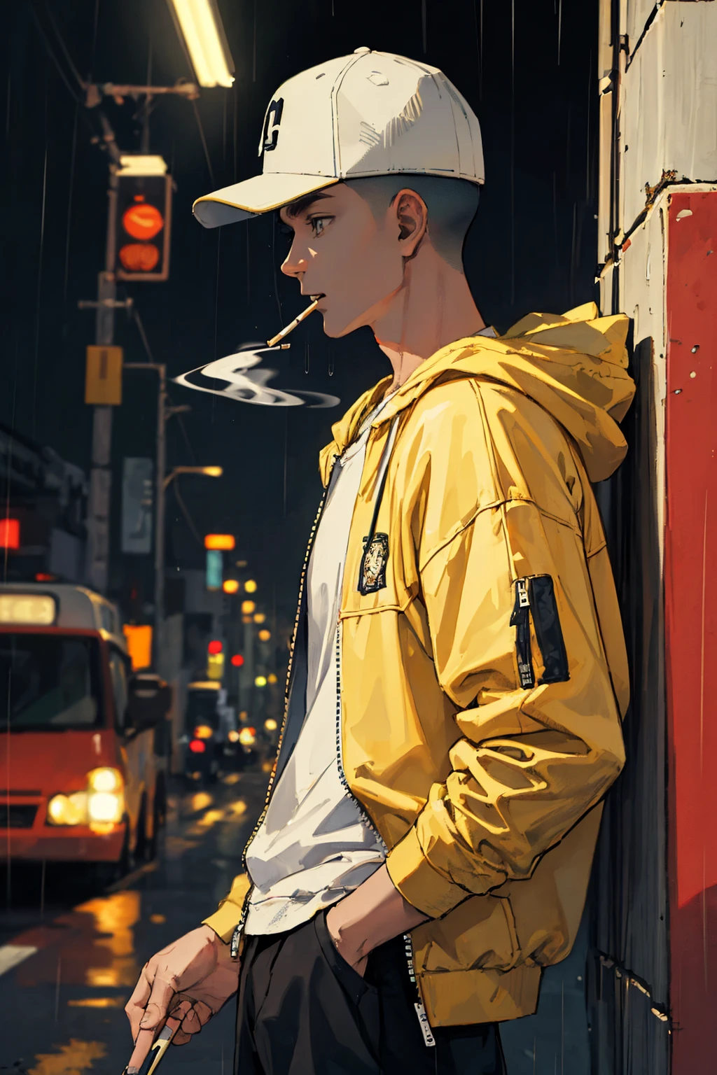 (masterpiece, best quality), (1man:1.3), solo, baseball cap, smoking, hoody shirt, jacket, portrait, from side, buzz cut, urban, rainy