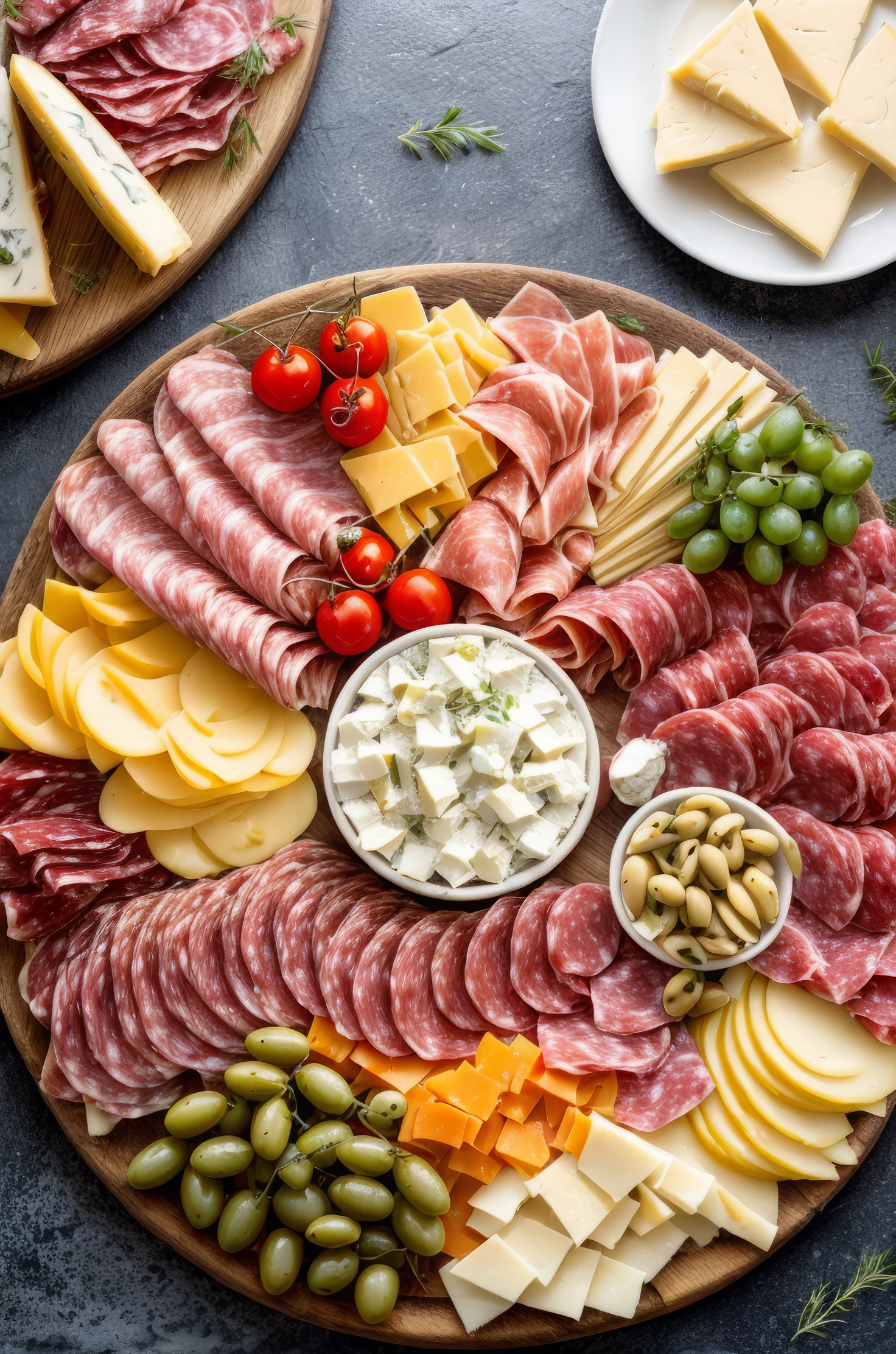 photo RAW,(a charcuterie board with the ingredients, including proscuitto, salami, smoked turkey, brie, cheddar cheese gouda cherry tomatoes, green olives), masterpiece, award winning photography, natural light, perfect composition, high detail, hyper realistic, depth of field,sharp focus