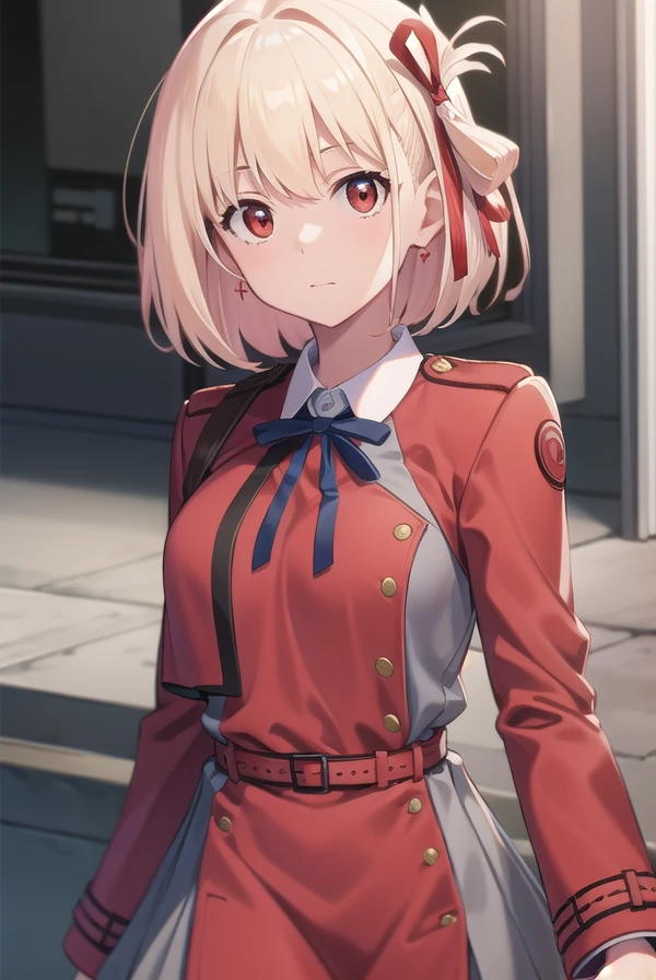 chisatonishikigi, <lora:chisatonishikigitest:1>, nishikigi chisato, short hair, bangs, blonde hair, (red eyes:1.5), hair ribbon, one side up, bob cut,
BREAK shirt, long sleeves, dress, ribbon, white shirt, collared shirt, belt, neck ribbon, red dress, blue ribbon, pleated dress, grey dress, two-tone dress, red belt, lycoris uniform,,
BREAK outdoors, city,
BREAK looking at viewer, BREAK <lora:GoodHands-vanilla:1>, (masterpiece:1.2), best quality, high resolution, unity 8k wallpaper, (illustration:0.8), (beautiful detailed eyes:1.6), extremely detailed face, perfect lighting, extremely detailed CG, (perfect hands, perfect anatomy),