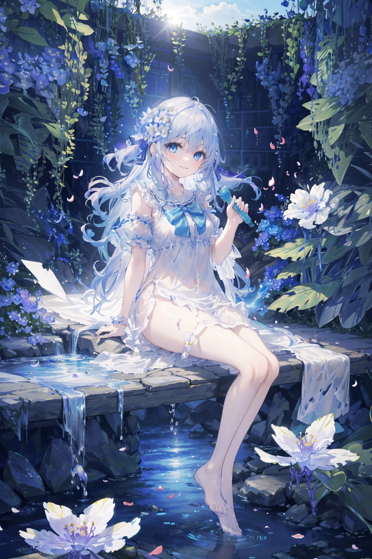 (masterpiece, best quality),illustration,(Cinematic Lighting),extremely detailed CG unity 8k wallpaper,intricate details,beautiful delicate eyes,colorful reflection,extremely delicate and beautiful hair,very beautiful delicate anime face,nsfw,
(1loli:1.15),(dewy blue eyes),floating silver hair,smile,(glint,sitting),see-through pajamas,hair_bow,slender legs,[[hair between eyes]],
sunlight,(colorful flowers,flower petals:1.2),blue sky,wind,spring,beautiful detaled water,spray of water,cottagebackground,cloudy,<lyco:GoodHands-beta2:1.0>