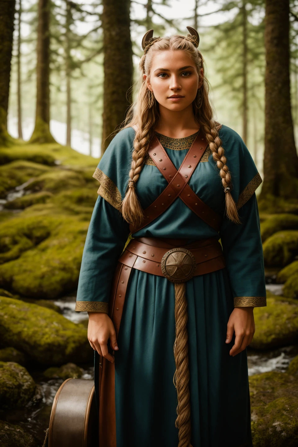 RAW photo, a portrait photo of (viking woman), traveler clothes, standing in the forest, natural skin, 8k uhd, high quality, film grain, Fujifilm XT3