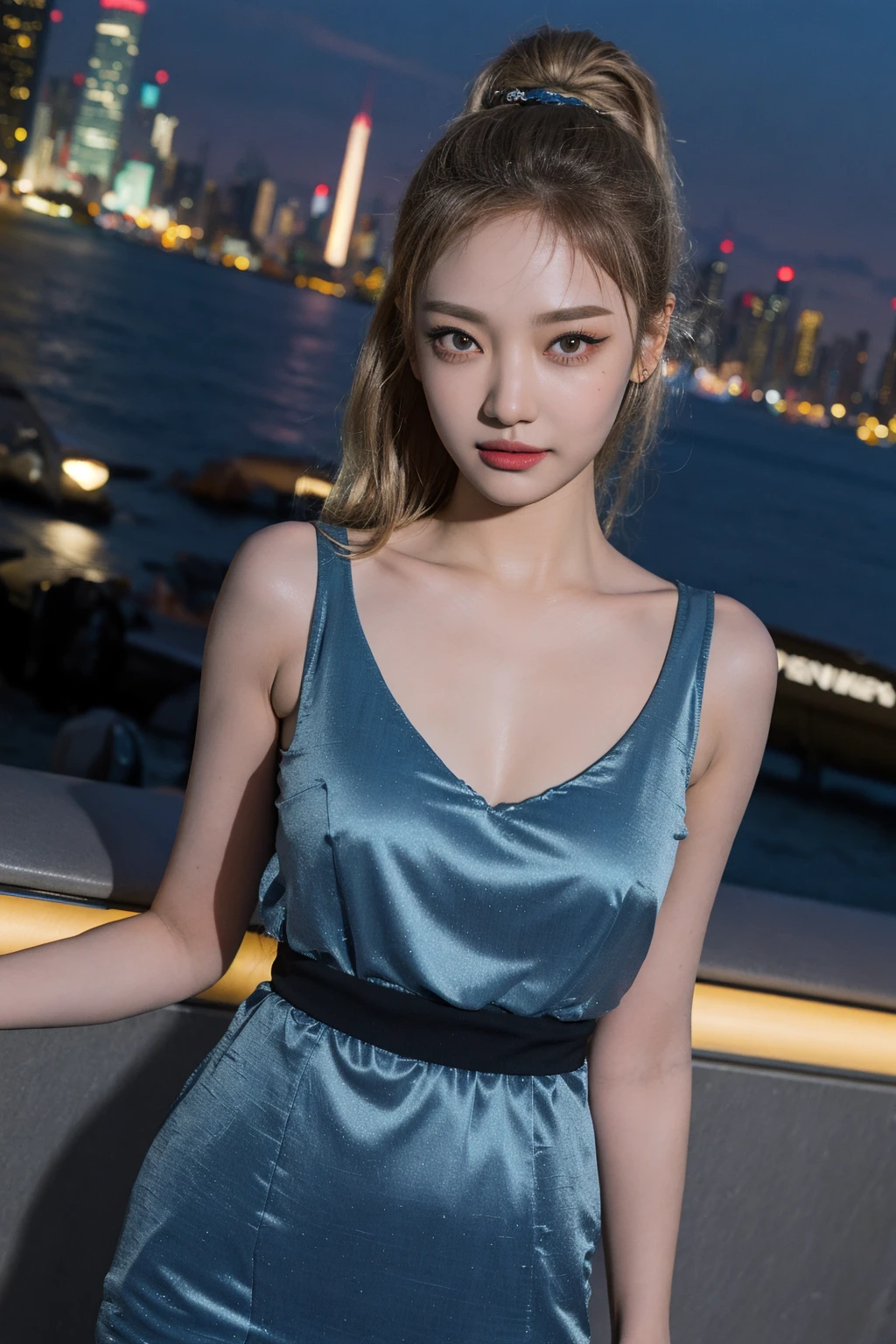 nikon RAW photo,8 k,Fujifilm XT3,close up photo, masterpiece, best quality, 1girl,solo,realistic, photorealistic, (extremely detailed face), ultra-detailed eyes and pupils, ultra detailed, serious expression, slender figure, standing against a city skyline at night, tight dress, sleeveless, tiny waist, big hip, smile, <lora:ningninglorashy:0.85>