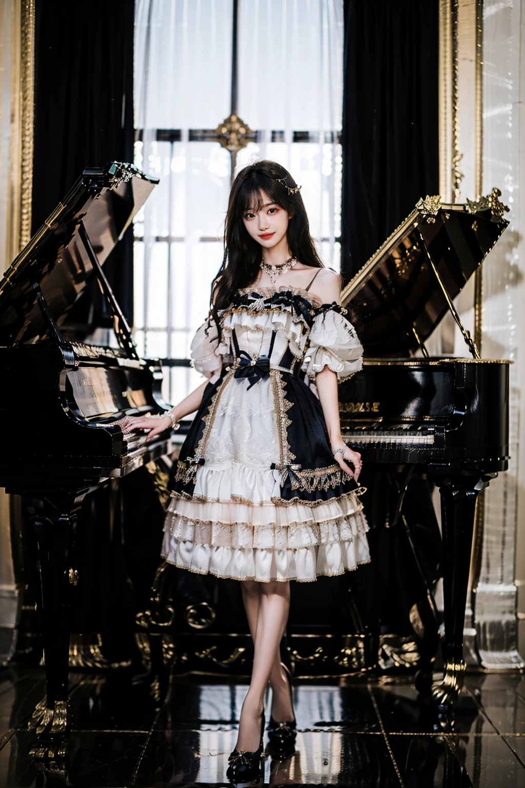 realistic, photorealistic, masterpiece, absurdres, incredibly absurdres, extremely detailed, best quality, lodress, high heels, full body, 1girl, solo, long black hair, bangs, looking at viewer, detailed background, standing, indoors, luxury decorations, window, piano, sunshine, <lora:lo_dress_vol2_style1_v1:0.7> , <lora:chinaDollLikeness_v10:0.7>