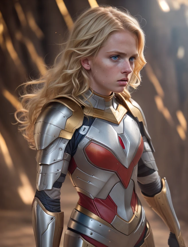 1girl, skin pores texture, Hair blonde short, HD , Photography, movie, cinematic, full Body armor red , blue and gold, hero, Realistic, (8k, RAW photo, best quality, masterpiece:1.2), (realistic, photo-realistic:1.33), best quality, cute,natural lighting, depth of field, film grain, wrinkled skin, sharp, detailed
