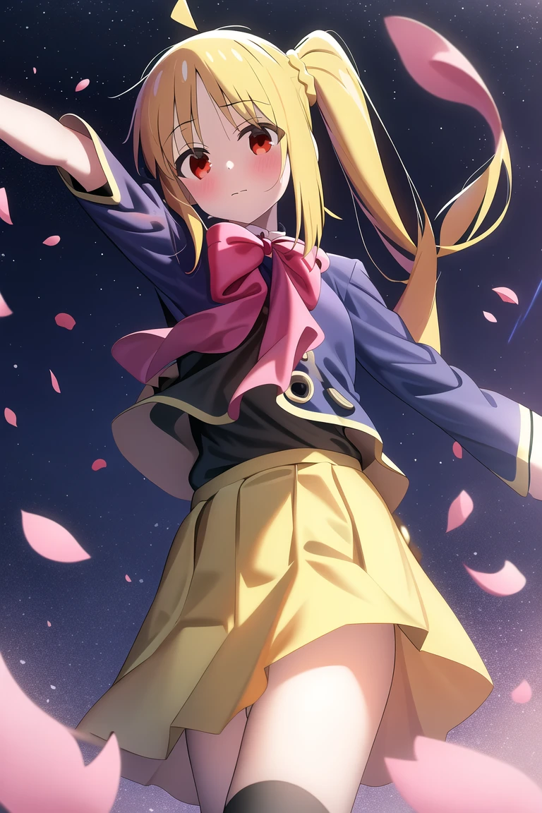 highres, 1girl, ijichi nijika, (youtou uniform:1.2), from below, night, night sky, wind, falling petals