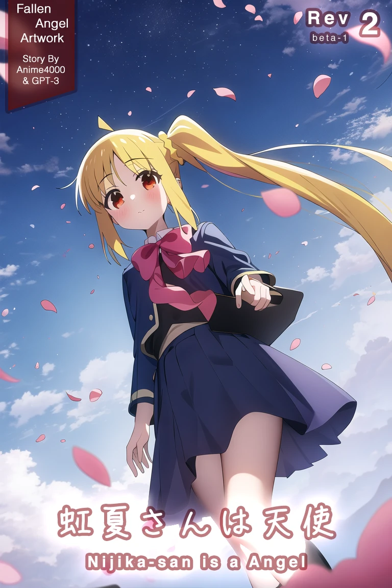 highres, 1girl, ijichi nijika, youtou uniform, from below, sky, wind, falling petals