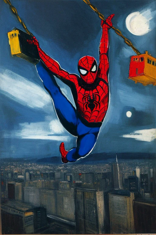 spider-man, swinging above city, dark theme,
by MarcChagall, blue theme, dark theme <lora:MarcChagall_Style_v01:1>