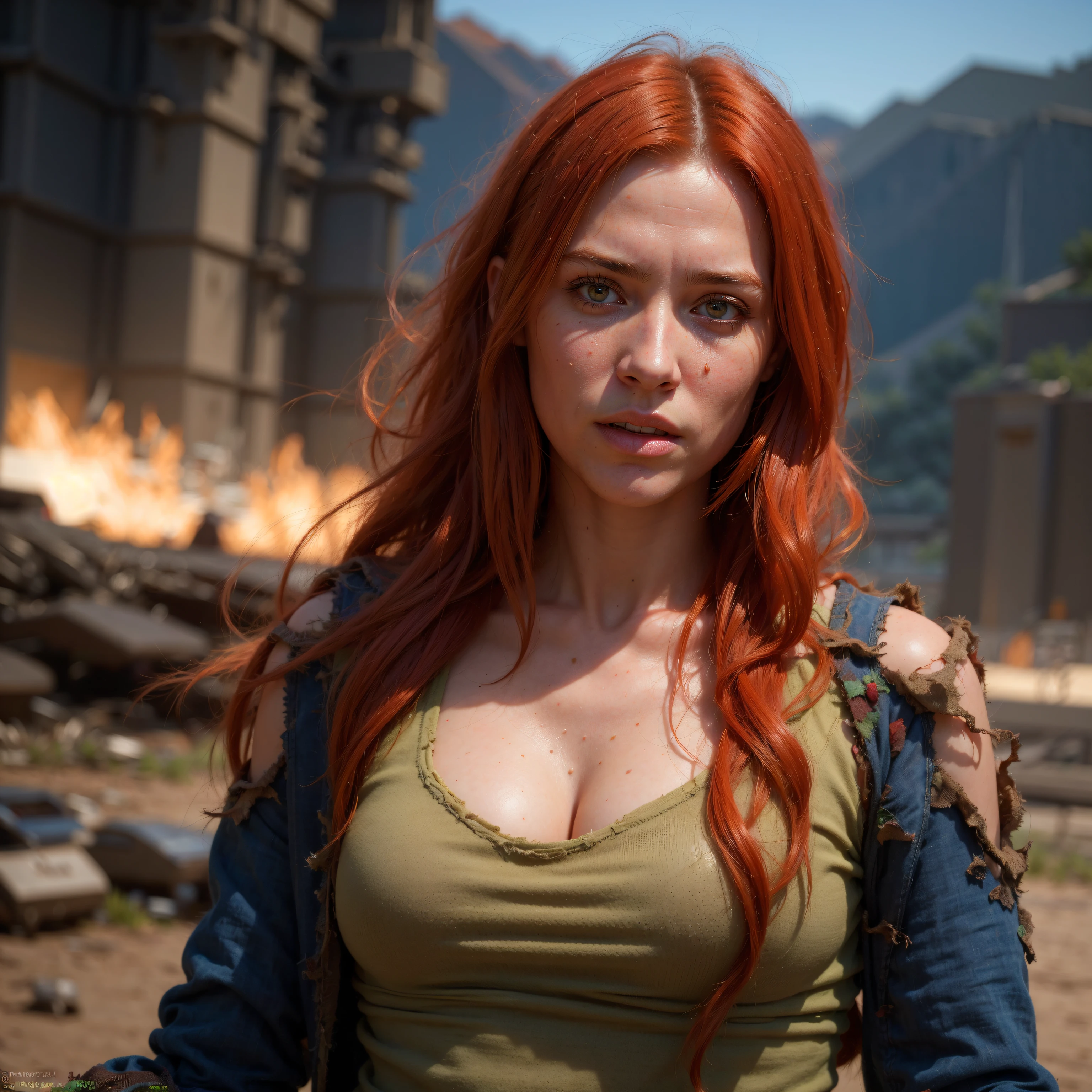 (photorealistic:1.6) perfect photo of a young woman that lived with dragons her whole life is now leading them to battle, ancient time fantasy setting, flame red hair, (ultra fine body hair), (realistic skin texture), (torn clothes:1.2) exposing wounds, epic, cinematic lighting, greg rutkowski, wlop