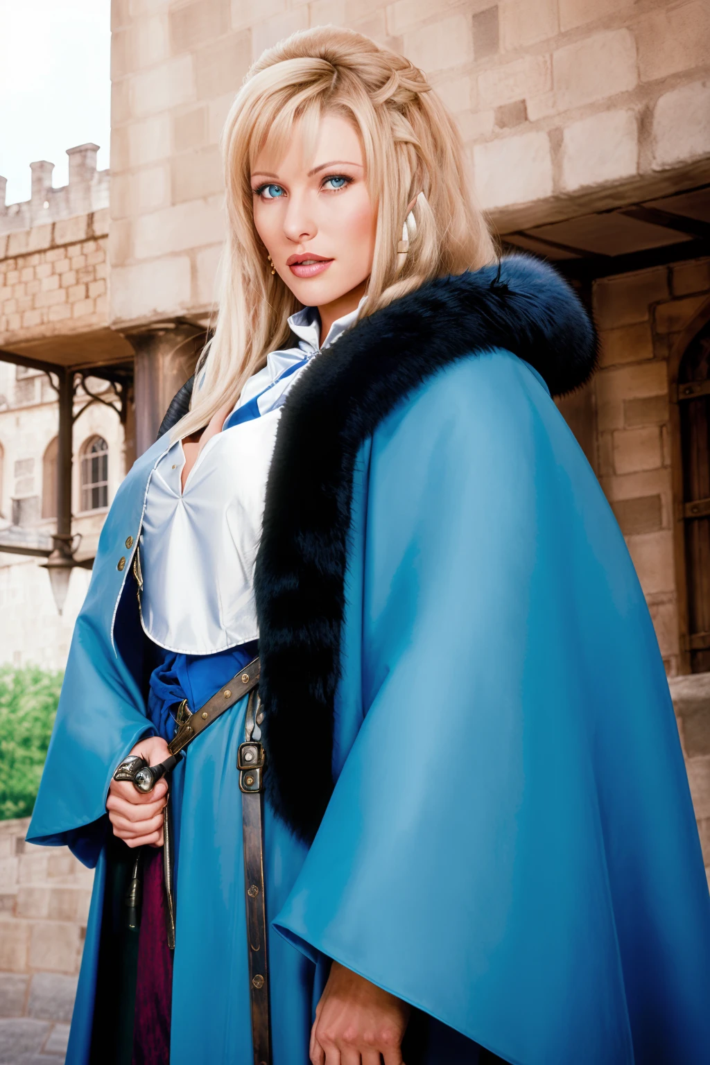 JrCarringtonQuiron woman,
1girl, solo, long hair, breasts, looking at viewer, blue eyes, blonde hair, plate armor,metal, fur-trimmed cloak, castle,Castle town below, portrait, straight-on,
<lora:quiron_JrCarrington_v6_lora:0.87>