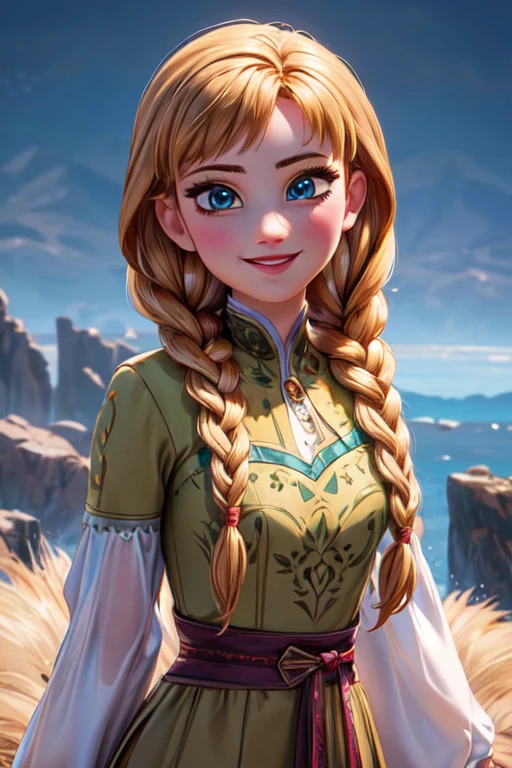 (masterpiece:1.2), (best quality), (ultra detailed), (8k, 4k, intricate),(full-body-shot:1), (highly detailed:1.2),(detailed face:1.2), (detailed background),detailed landscape,(dynamic pose:1.2), <lora:more_details:0.5> <lora:anna:0.7>anna, 1girl, solo, smile, blue eyes, blonde hair, dress, braid, twin braids, arms behind back, hair over shoulder