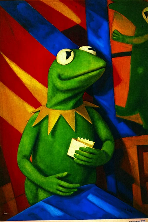 by MarcChagall, 2d painting, kermit, post-apocalypse king, blue theme, masterpiece, bold colors, high contrast, detailed brushstrokes,
<lora:MarcChagall_Style_v01:1.2><lora:Kermit:0.7>