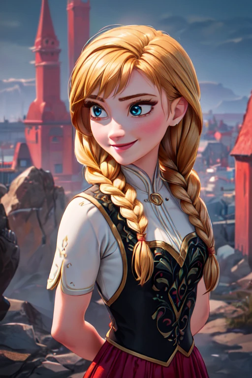 (masterpiece:1.2), (best quality), (ultra detailed), (8k, 4k, intricate),(full-body-shot:1), (highly detailed:1.2),(detailed face:1.2), (detailed background),detailed landscape,(dynamic pose:1.2), <lora:more_details:0.5> <lora:anna:0.7>anna, 1girl, solo, smile, blue eyes, blonde hair, dress, braid, twin braids, arms behind back, hair over shoulder