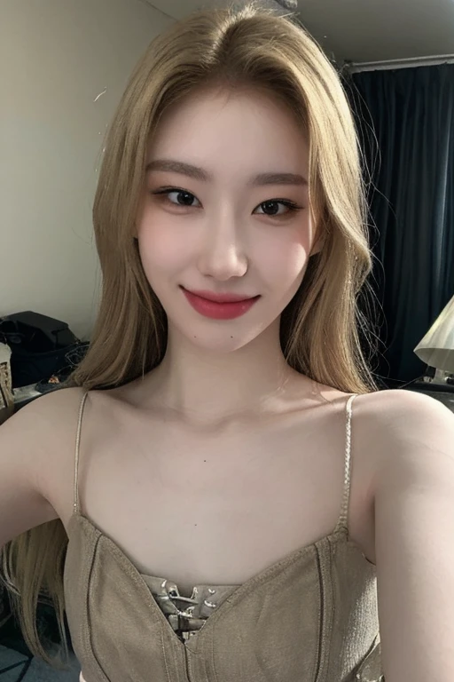 1girl,(masterpiece:1.2), (best quality:1.2), (extremely detailed), selfie from center front, (extremely detailed face), ultra-detailed eyes and pupils, broad shoulder, (ultra detailed), 8k, photorealistic, pretty face, smile, instagram shot, instagram style, in the bedroom, looking at viewer, facing front, smiling, perfect skin, cinematic lighting, fair skin, blonde hair, high ponytail, black eyes, portrait photo, slim, slender, no makeup, nikon RAW photo, 8k ,Fujifilm XT3, photorealistic, ((blonde hair)), detailed face, fair skin, perfect shape, slim face, indoors, dim lighting, (looking at viewer:1.2), <lora:chaeryeonglorashy:1>