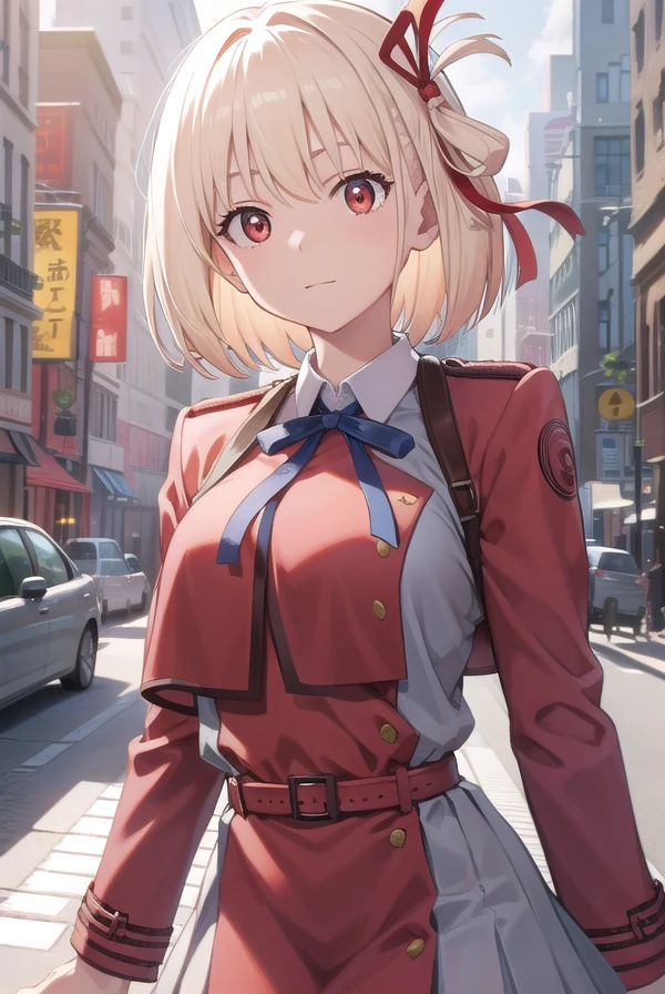 chisatonishikigi, <lora:chisatonishikigitest:1>, nishikigi chisato, short hair, bangs, blonde hair, (red eyes:1.5), hair ribbon, one side up, bob cut,
BREAK shirt, long sleeves, dress, ribbon, white shirt, collared shirt, belt, neck ribbon, red dress, blue ribbon, pleated dress, grey dress, two-tone dress, red belt, lycoris uniform,,
BREAK outdoors, city,
BREAK looking at viewer, BREAK <lora:GoodHands-vanilla:1>, (masterpiece:1.2), best quality, high resolution, unity 8k wallpaper, (illustration:0.8), (beautiful detailed eyes:1.6), extremely detailed face, perfect lighting, extremely detailed CG, (perfect hands, perfect anatomy),