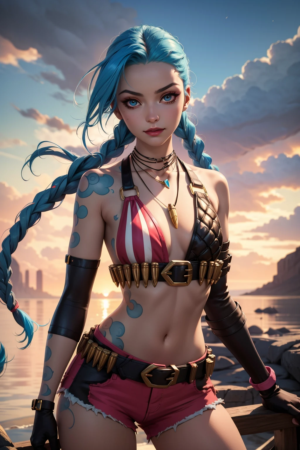 (masterpiece, best quality:1.2), intricate details, <lora:jinx_default_lol-000021:1>, jinx \(league of legends\), 1girl, twin braids, single elbow glove, short shorts, bikini top only, necklace, belt, bullet, fingerless gloves