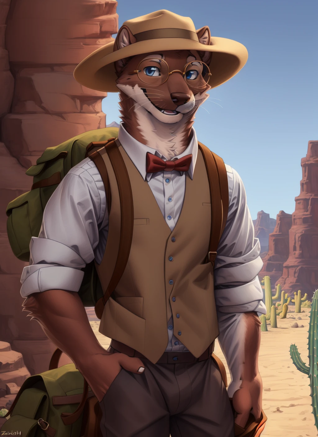 <lora:cliffV2-09:1>, clifford tibbits, brown fur, blue eyes, (pose:1.3), (posing:1.3), (soft shading), 4k, hi res, ((detailed face, (detailed eyes:1.0), detailed)), (full body), by zackarry911, by zaush, (by personalami:0.5), solo, looking at viewer, smile, open mouth, shirt, 1boy, hat, male focus, cowboy shot, glasses, pants, bag, vest, hand on hip, backpack, sleeves rolled up, hand in pocket, round eyewear, brown headwear, brown vest, desert, cactus
