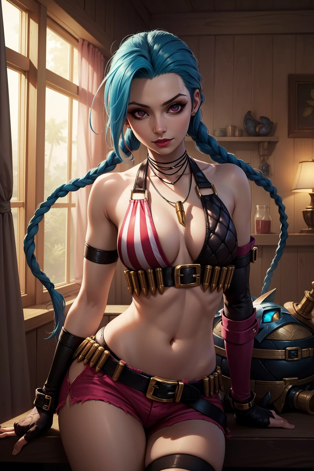 (masterpiece, best quality:1.2), intricate details,  <lora:jinx_default_lol-000021:1>, jinx \(league of legends\), 1girl, twin braids, single elbow glove, short shorts, bikini top only, necklace, belt, bullet, fingerless gloves