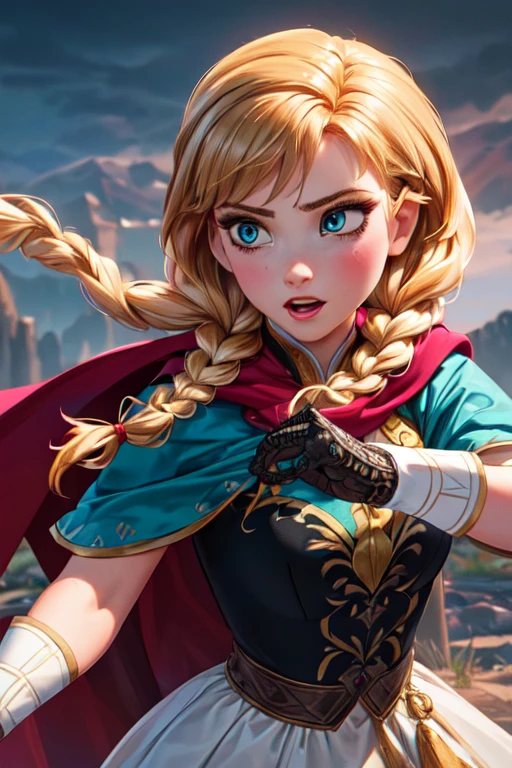 (masterpiece:1.2), (best quality), (ultra detailed), (8k, 4k, intricate),(full-body-shot:1), (highly detailed:1.2),(detailed face:1.2), (detailed background),detailed landscape, (dynamic pose:1.2), <lora:anna:0.7>anna, 1girl, solo, blue eyes, blonde hair, gloves, dress, braid, cape, twin braids, makeup <lora:more_details:0.5>