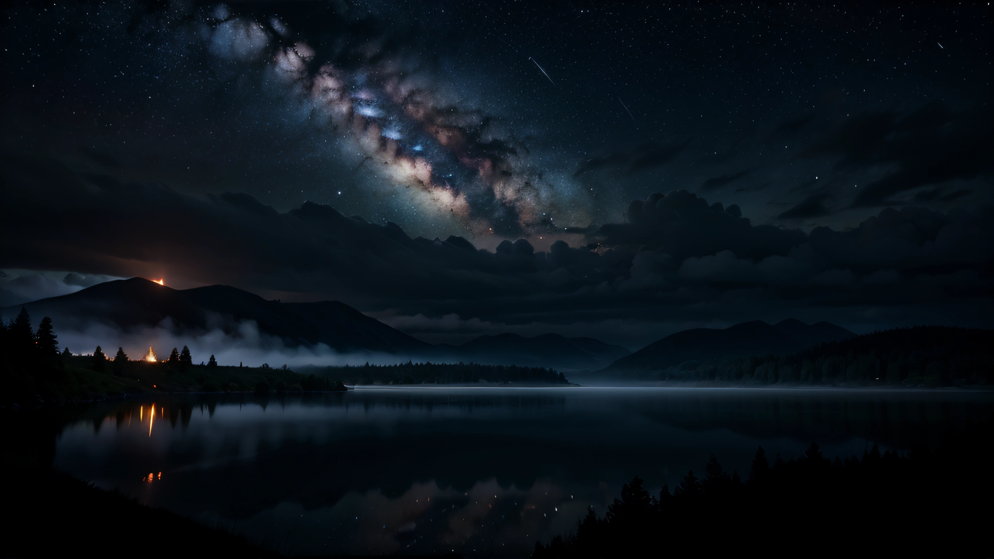 Starry night sky with a lake and a mountain in the foreground - SeaArt AI