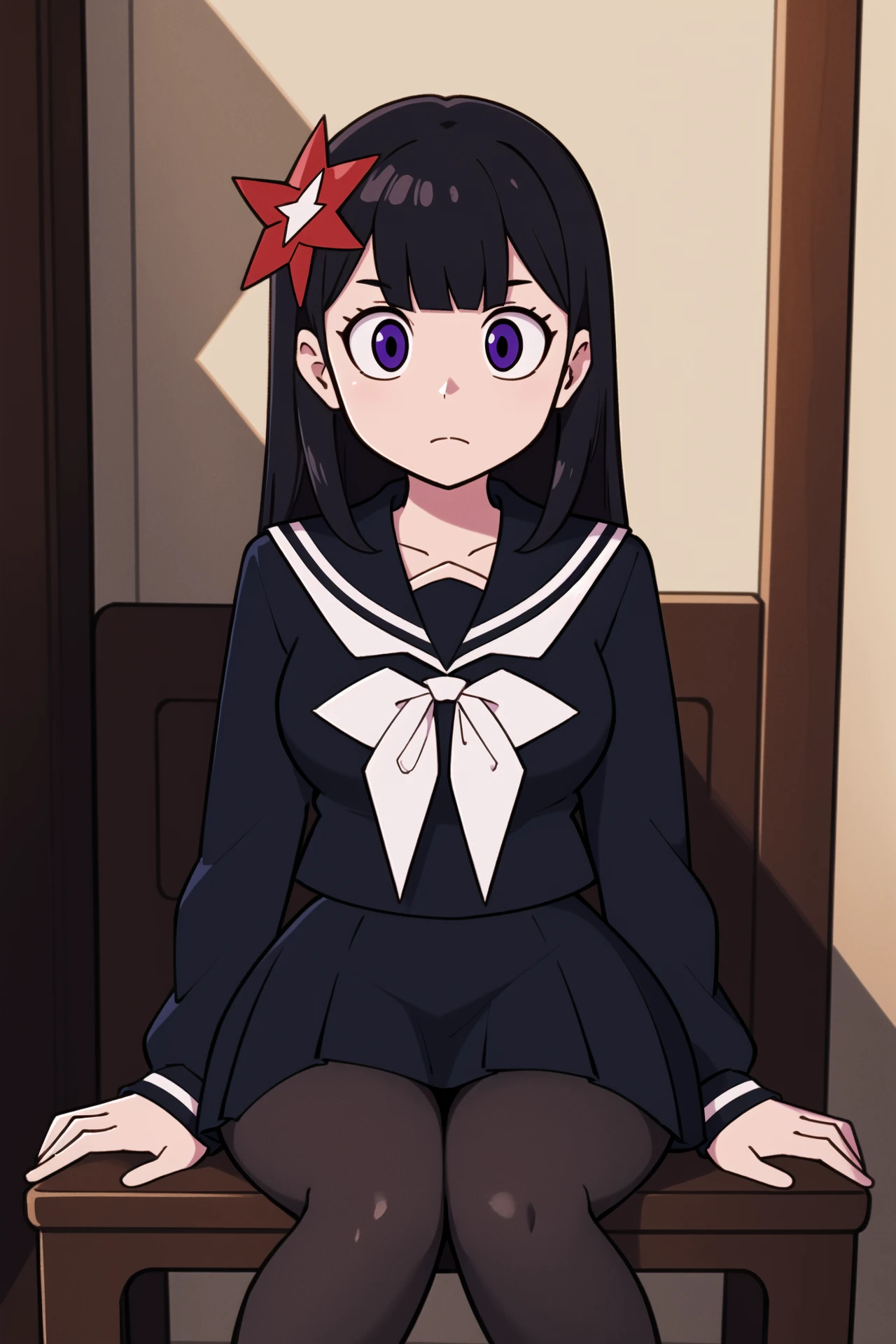 <lora:apple_v2:0.6>,sitting,black_sailor_collar,blunt_bangs,pantyhose,black_shirt,long_sleeves,feet_out_of_frame,serafuku,violet_eyes,pleated_skirt,hair_ornament,black_serafuku,solo,highres,black_pantyhose,closed_mouth,white_neckerchief,sailor_collar,black_skirt
