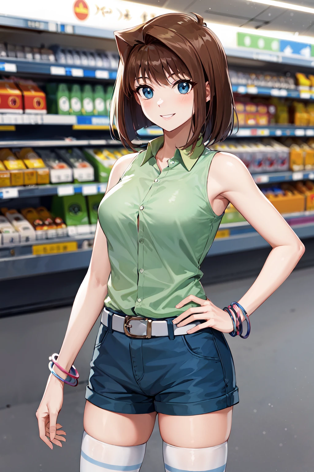 masterpiece, best quality, highres, aamazaki, (antenna hair:1.2), medium breasts, green shirt, sleeveless, bracelet, belt, blue shorts, white thighhighs, <lora:mazaki_anzu_v1:0.7>, cowboy shot, standing, outdoors, smile, hand on hip, supermarket,