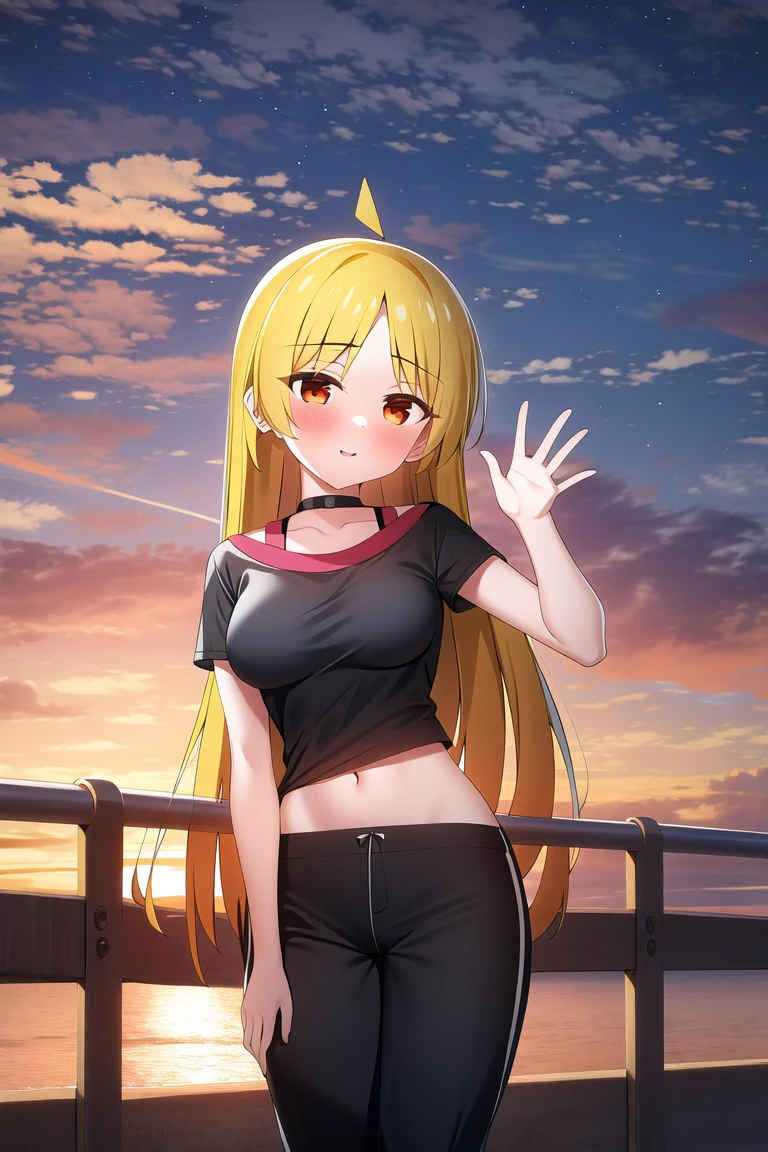 highres, 1girl, ijichi seika, medium breasts, standing, outdoor, black shirt, pants, sunset, waving