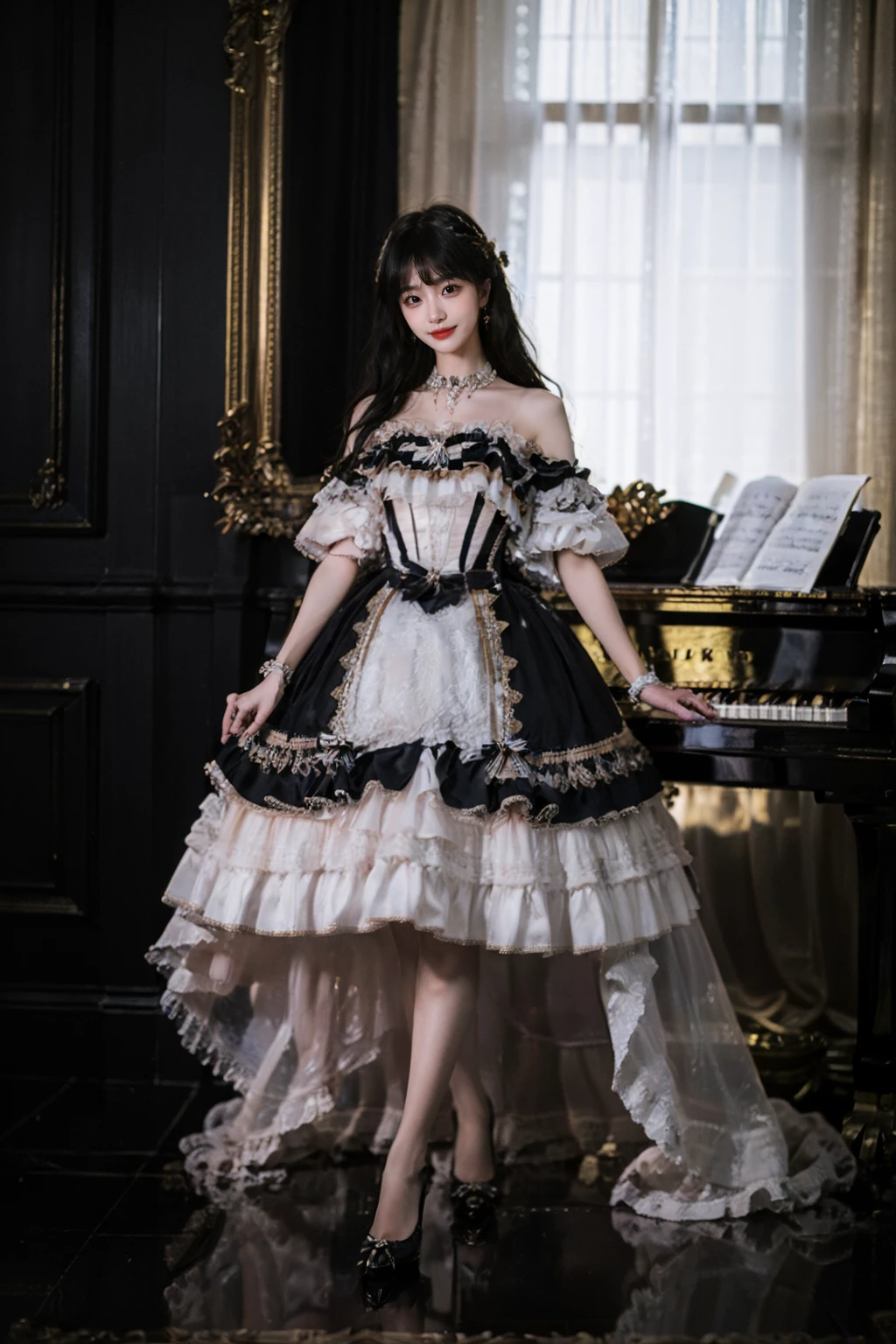 realistic, photorealistic, masterpiece, absurdres, incredibly absurdres, extremely detailed, best quality, lodress, high heels, full body, 1girl, solo, long black hair, bangs, looking at viewer, detailed background, standing, indoors, luxury decorations, window, piano,dramatic lighting, <lora:lo_dress_vol2_style1_v1:0.7> , <lora:chinaDollLikeness_v10:0.3>