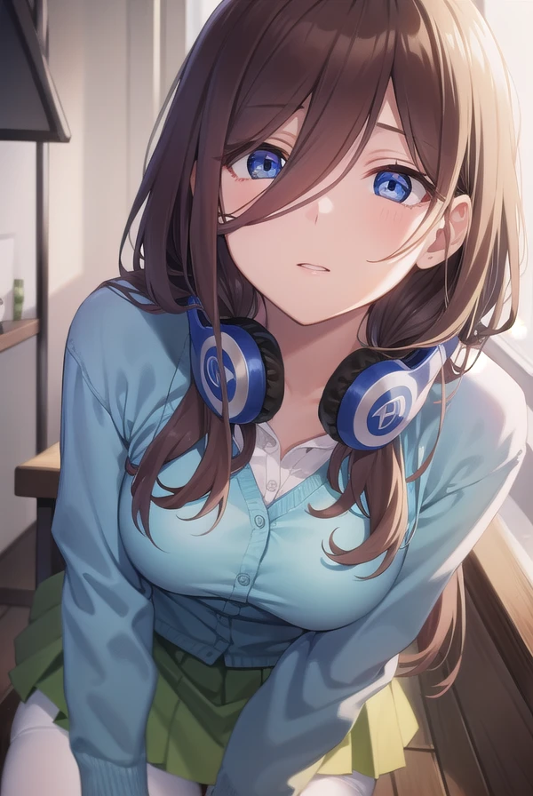 mikunakano, <lora:mikunakanotest:1>, miku nakano, long hair, bangs, blue eyes, brown hair, shirt, hair between eyes, headphones, cardigan, headphones around neck,
BREAK skirt, shirt, long sleeves, white shirt, pantyhose, pleated skirt, black pantyhose, cardigan, green skirt, blue cardigan,
BREAK indoors, classroom,
BREAK looking at viewer, BREAK <lora:GoodHands-vanilla:1>, (masterpiece:1.2), best quality, high resolution, unity 8k wallpaper, (illustration:0.8), (beautiful detailed eyes:1.6), extremely detailed face, perfect lighting, extremely detailed CG, (perfect hands, perfect anatomy),
