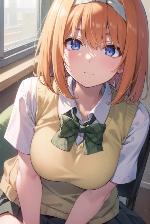 yotsubanakano, <lora:yotsubanakanotest:1>, yotsuba nakano, bangs, short hair, blue eyes, hair between eyes, hair ribbon, hairband, orange hair, green ribbon, BREAK skirt, shirt, bow, ribbon, school uniform, white shirt, short sleeves, pleated skirt, shoes, socks, collared shirt, miniskirt, bowtie, black footwear, kneehighs, green skirt, black socks, loafers, green bow, sweater vest, yellow sweater vest, green ribbon,, BREAK indoors, classroom, BREAK looking at viewer, BREAK <lora:GoodHands-vanilla:1>, (masterpiece:1.2), best quality, high resolution, unity 8k wallpaper, (illustration:0.8), (beautiful detailed eyes:1.6), extremely detailed face, perfect lighting, extremely detailed CG, (perfect hands, perfect anatomy),