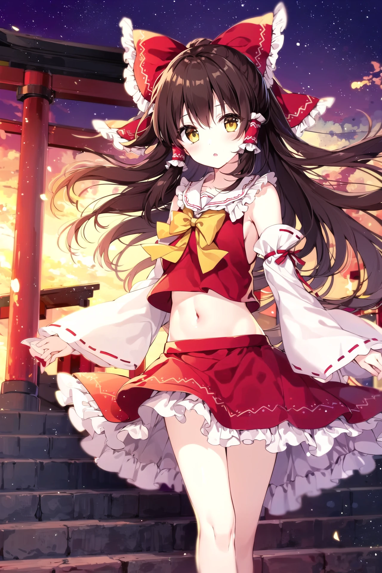 1girl, solo, bow, long hair, hakurei reimu,dancing,sunlight,skirt, detached sleeves, hair tubes, hair bow, brown hair, torii, red bow, navel, wide sleeves, red skirt, sky, frills, yellow eyes, looking at viewer, long sleeves, cloud, midriff, ribbon-trimmed sleeves, skirt set, frilled skirt, ribbon trim, yellow bowtie, shirt, ribbon, yellow bow, bowtie, sunset, outdoors, frilled bow, blush, frilled shirt collar, standing, collarbone, parted lips, petticoat, red shirt, star (sky), sidelocks, multiple torii, wind, stairs, vest, midriff peek, bangs, floating hair