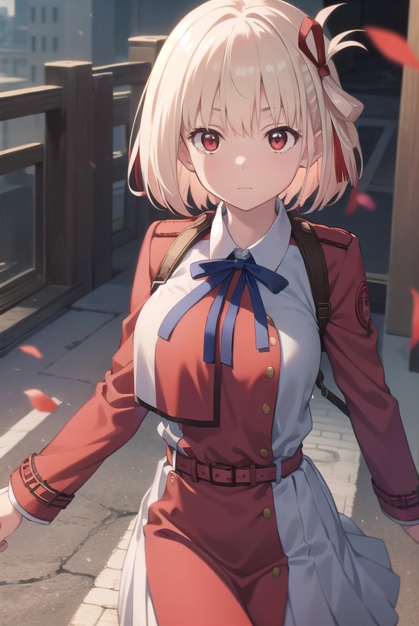 Chisato Nishikigi、Good looking girl (Short blonde hair with square bangs, Big Red Eyes, Red ribbon,blush, Perfect Face), independent , looking at the camera, masterpiece, Anime art style, Cute Characters, Most detailed, high quality、Nico Nico Smile、He has a gun