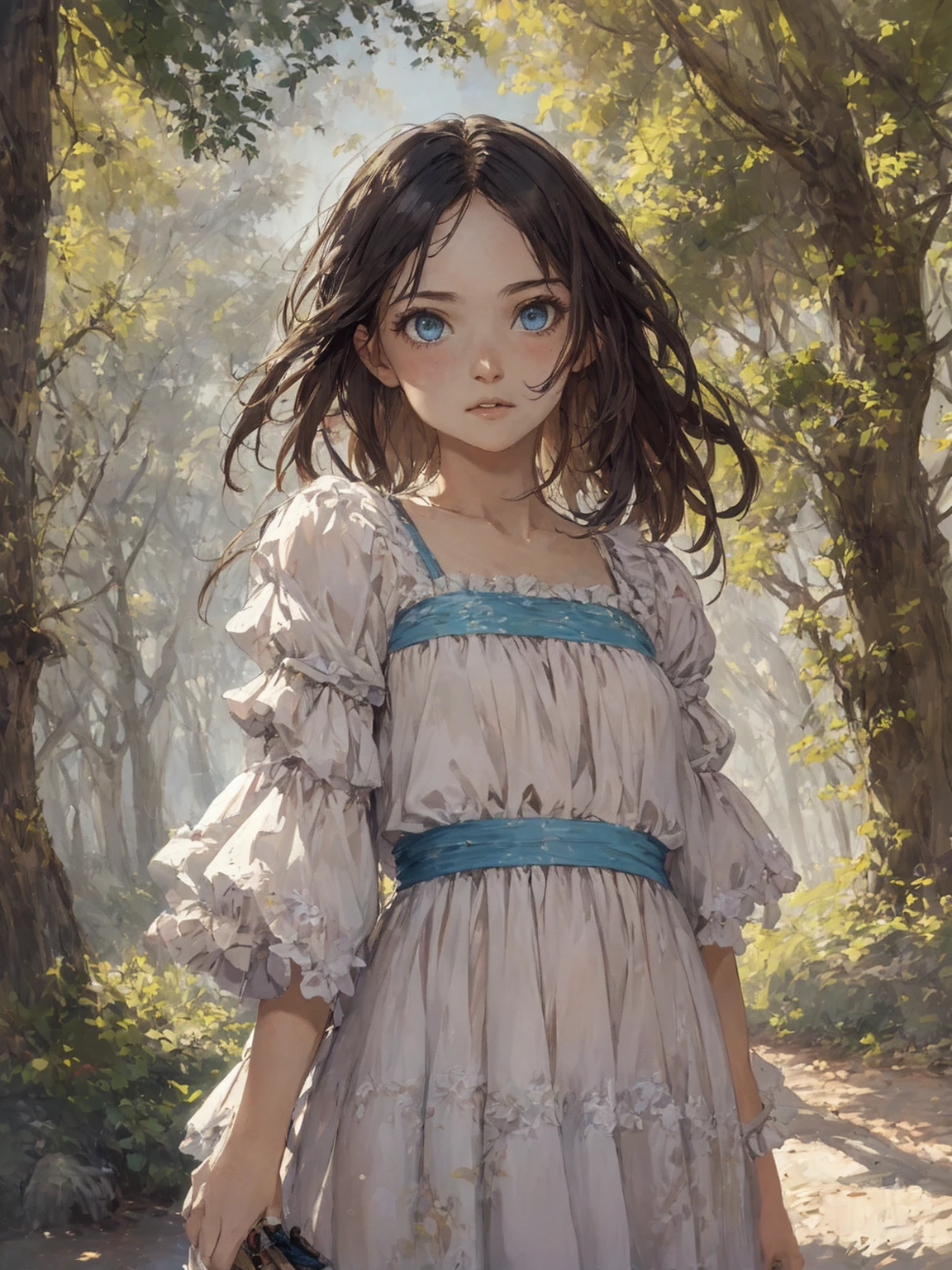 ((Best quality)), ((masterpiece)), ((realistic)), Princess exploring ancient ruins in an overgrown forest, bathed in soft, filtered sunlight. The artwork captures the essence of Van Gogh's impressionistic style, with delicate brushwork and pastel hues. The portrait showcases the princess amidst the remnants of the castle, evoking a sense of mystery and wonder. On eye level, scenic, masterpiece.