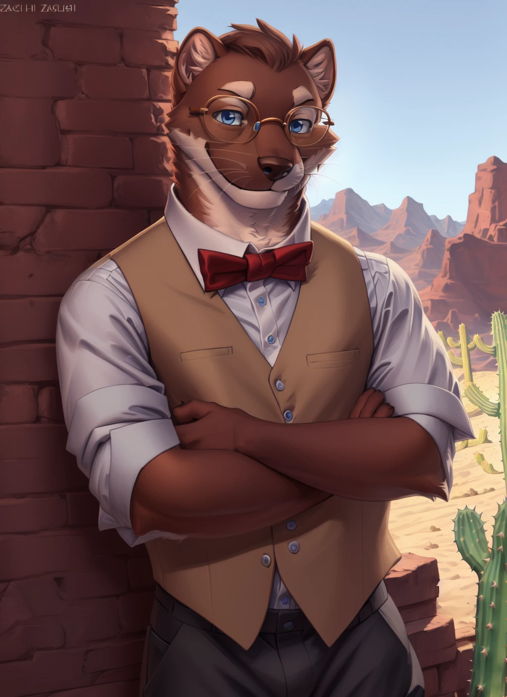 <lora:cliffV2-09:1>, clifford tibbits, brown fur, blue eyes, (pose:1.3), (posing:1.3), (soft shading), 4k, hi res, ((detailed face, (detailed eyes:1.0), detailed)), (full body), by zackarry911, by zaush, (by personalami:0.5), solo, looking at viewer, smile, shirt, 1boy, bow, white shirt, male focus, glasses, collared shirt, pants, bowtie, vest, red bow, black pants, red bowtie, sleeves rolled up, brown vest, desert, cactus, crossed arms,