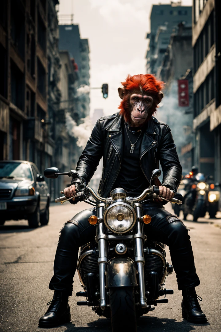 photo RAW,( (Animal anthropomorphism), gangster theme, monkey, jacket,red hair. riding a motorcycle in dim lighting, tattoos, machine gun, smoke, shadows, corrupt cityscape), masterpiece, award winning photography, natural light, perfect composition, high detail, hyper realistic