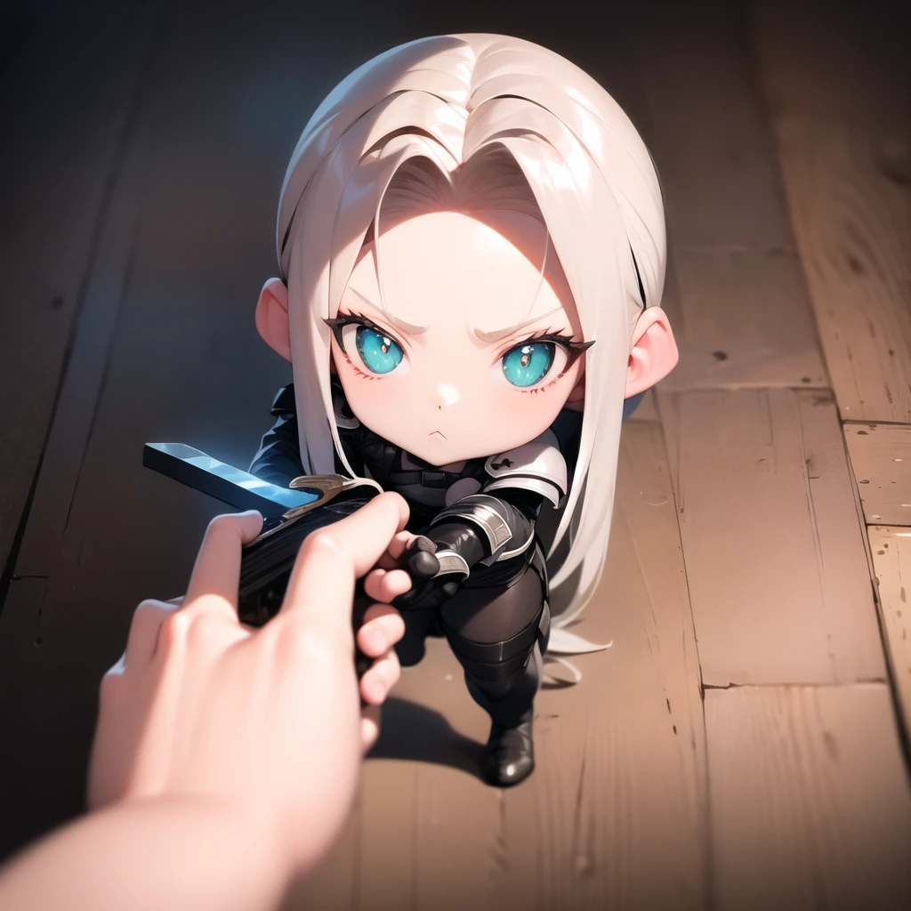 masterpiece, best quality, godoacrime, from above, chibi, pov, holding sword, sephiroth, 1boy <lora:GoDoACrime meme:1> <lora:FF7 _275924:1>