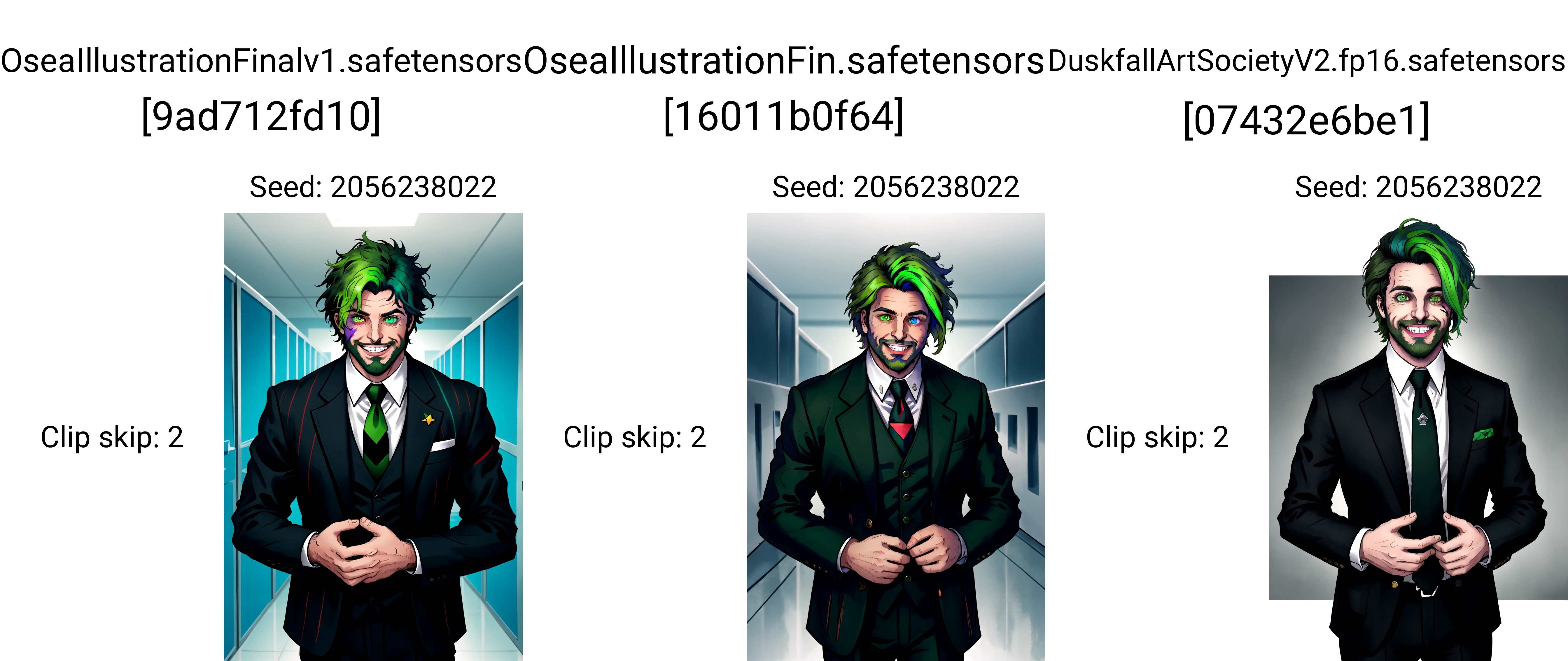 1boy, male focus, solo, facial hair, necktie, smile, beard, grin, green hair, heterochromia, formal, looking at viewer, prison clothes, striped suit, suit