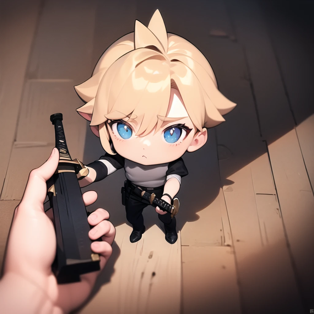 masterpiece, best quality, godoacrime, from above, chibi, pov, holding (sword:1.2), (cloud, 1boy:1.1) <lora:GoDoACrime meme:1> <lora:FF7 _275924:1>