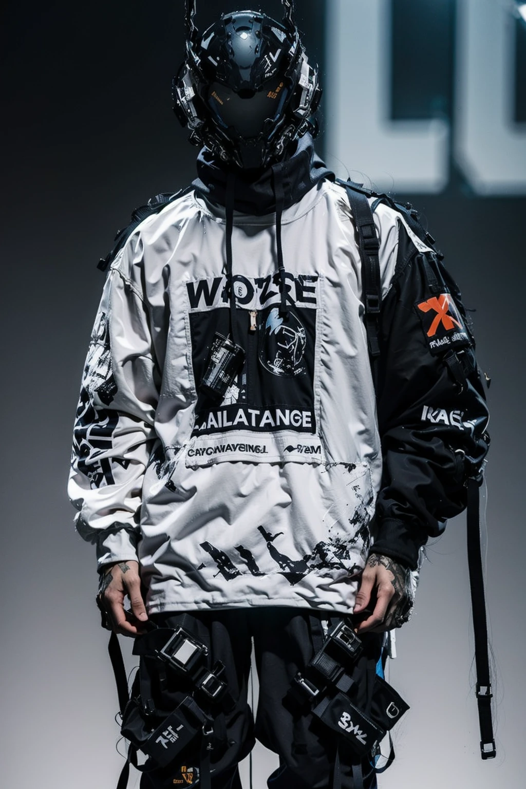 (realistic:1.2),1boy, clothes_writing, fire, standing, solo, shirt, long_sleeves, male_focus, shoes, pants, black_footwear, english_text, black_pants, helmet, robot, pointing, science_fiction, zoom_layer, urban techwear, outfit<lora:urbantechwear:1>