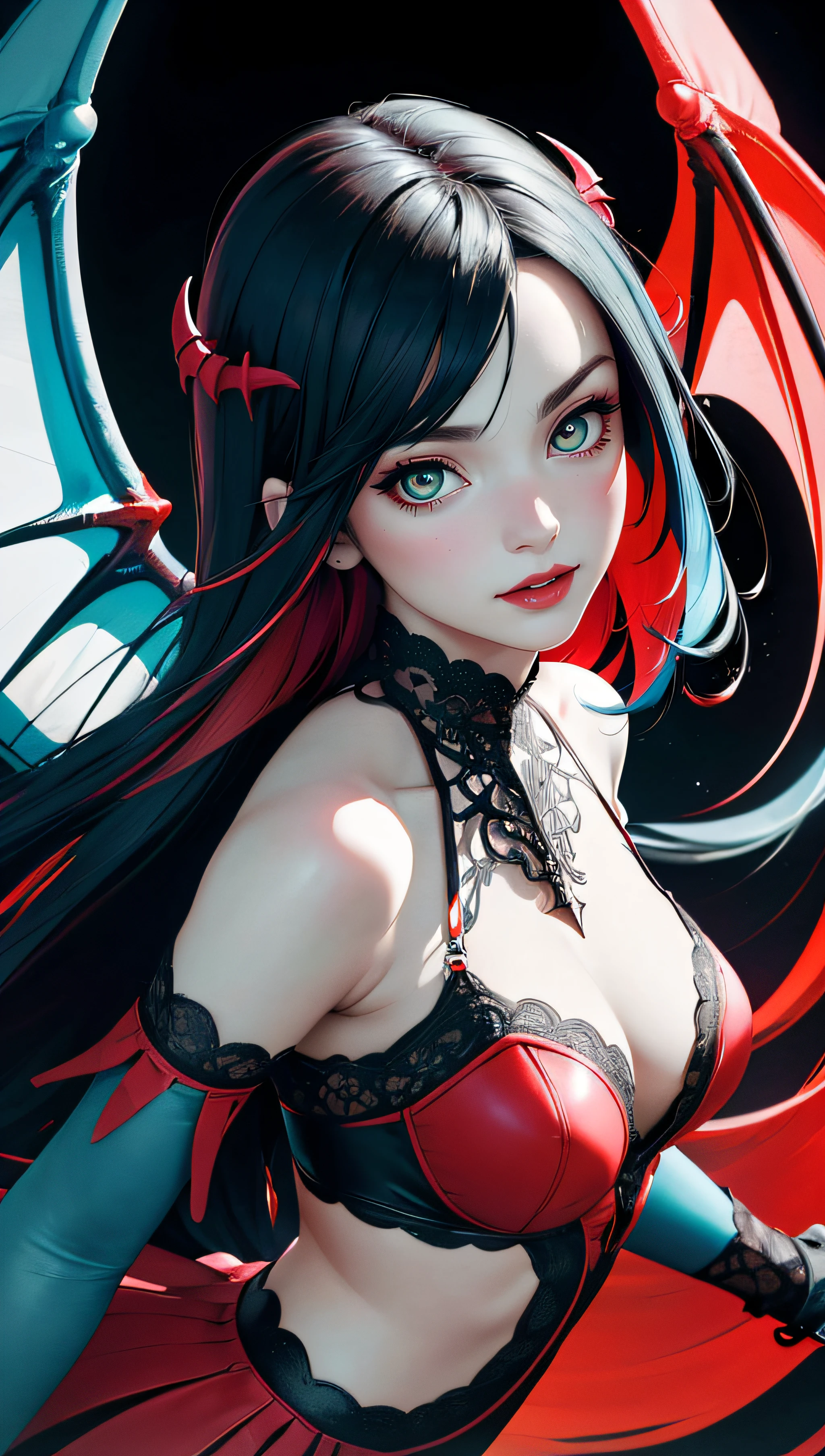 (best quality, masterpiece, perfect face, beautiful and aesthetic:1.2, colorful, dynamic angle, highest detailed face) full body photo of a succubus girl, gothic, large demon red wings\, long green hair, (abstract art), half demon, crimson cateyes, vampire long fangs, high contrast , 35mm, bokeh, 9:16, (intricate details, hyperdetailed:1.15), detailed, moonlight passing through hair (high contrast, official art, extreme detailed, highest detailed),