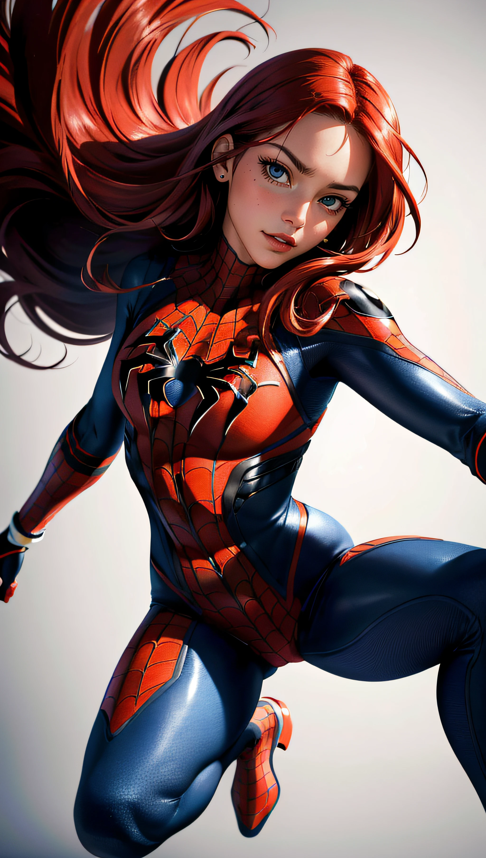 (best quality, masterpiece, perfect face, beautiful and aesthetic:1.2, colorful, dynamic angle, highest detailed face) full body photo, fashion photography of cute, intense red long hair, Mary Jane in spiderman cosplay, in fighting pose, 35mm, bokeh, 9:16, (intricate details, hyperdetailed:1.15), detailed, sunlight passing through hair (high contrast, official art, extreme detailed, highest detailed),