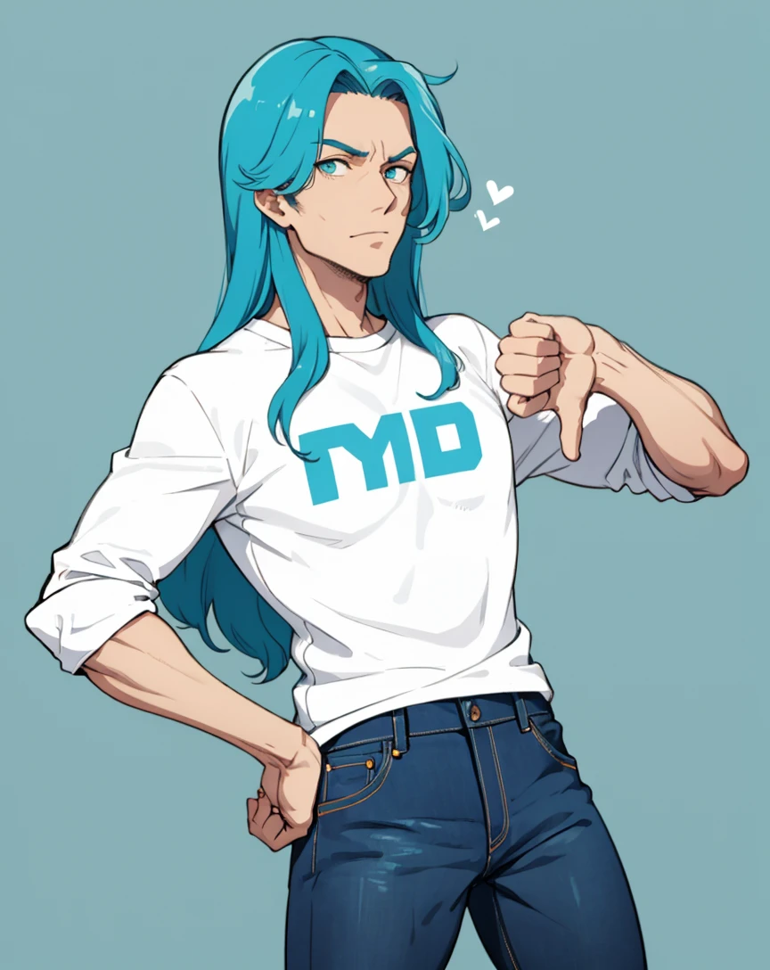 mature male, jeans, thumbs down, cyan hair, long hair, hand on hip,
<lora:thumbs-down:1>