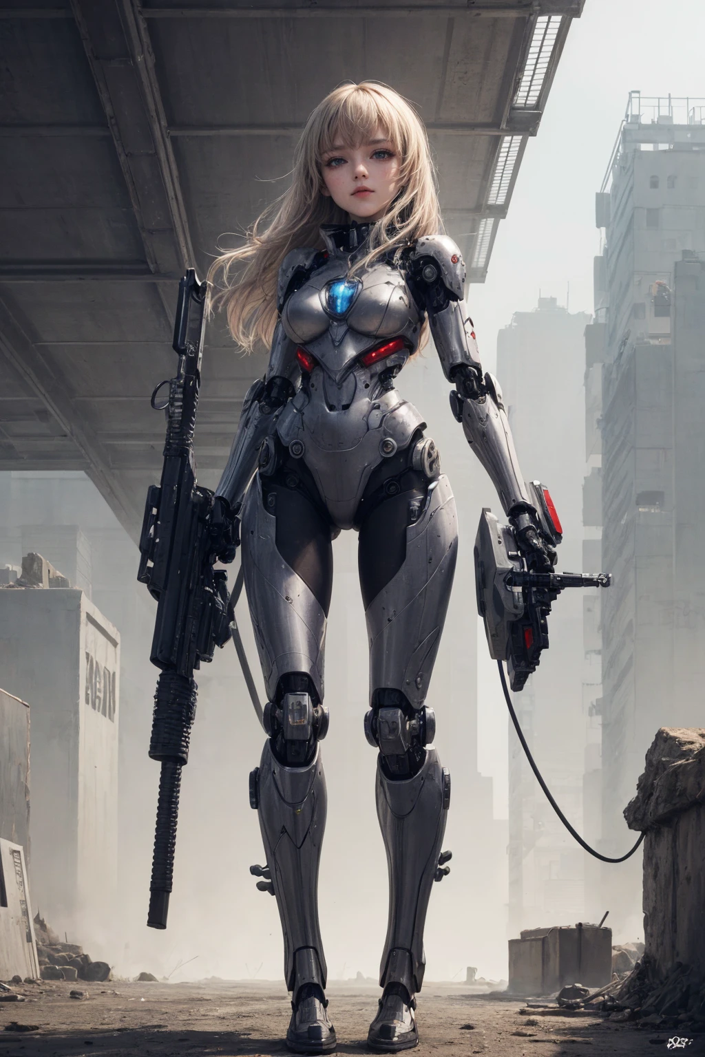 masterpiece, (best quality:1.4), [:intricate details:0.2], 1girl, robot girl, mecha, detailed mechanical anatomy, mechanical arms, war, weapon, cyberpunk,