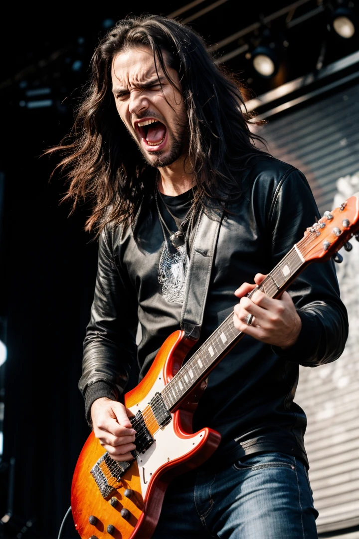 (dynamic pose:1.2),(dynamic camera),photo RAW,(A music promo photo, (close-up) angry scream man male holding metal guitare,long balc hair, rough, dark stage in the background, Realistic, realism, hd, 35mm photograph, 8k), masterpiece, award winning photography, natural light, perfect composition, high detail, hyper realistic
