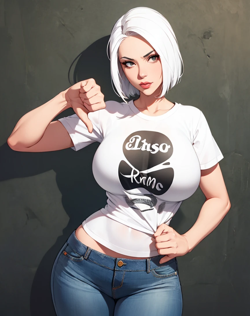 mature female, lips, wide hips,tshirt, jeans, thumbs down, white hair
 <lora:thumbs-down:0.8>