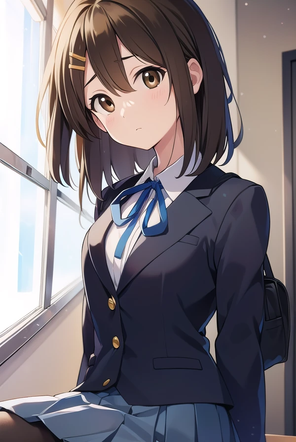 yuihirasawa, <lora:yuihirasawatest:1>, yui hirasawa, (brown eyes:1.5), brown hair, hair ornament, hairclip, medium hair, (flat chest:1.2), BREAK black pantyhose, blazer, blue jacket, blue ribbon, blue skirt, buttons, collared shirt, jacket, long sleeves, neck ribbon, pantyhose, pleated skirt, ribbon, sakuragaoka high school uniform, school uniform, shirt, skirt, white shirt, winter uniform, BREAK looking at viewer, BREAK indoors, classroom, BREAK <lora:GoodHands-vanilla:1>, (masterpiece:1.2), best quality, high resolution, unity 8k wallpaper, (illustration:0.8), (beautiful detailed eyes:1.6), extremely detailed face, perfect lighting, extremely detailed CG, (perfect hands, perfect anatomy),