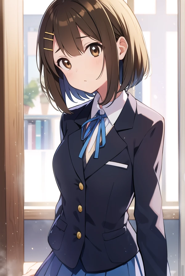 yuihirasawa, <lora:yuihirasawatest:1>, yui hirasawa, (brown eyes:1.5), brown hair, hair ornament, hairclip, medium hair, (flat chest:1.2), BREAK black pantyhose, blazer, blue jacket, blue ribbon, blue skirt, buttons, collared shirt, jacket, long sleeves, neck ribbon, pantyhose, pleated skirt, ribbon, sakuragaoka high school uniform, school uniform, shirt, skirt, white shirt, winter uniform, BREAK looking at viewer, BREAK indoors, classroom, BREAK <lora:GoodHands-vanilla:1>, (masterpiece:1.2), best quality, high resolution, unity 8k wallpaper, (illustration:0.8), (beautiful detailed eyes:1.6), extremely detailed face, perfect lighting, extremely detailed CG, (perfect hands, perfect anatomy),
