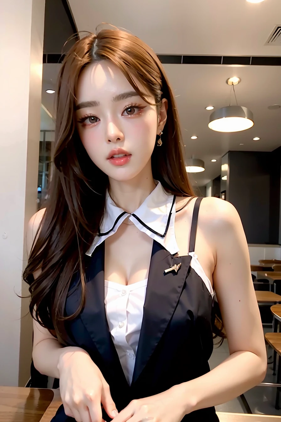 (masterpiece), best quality, perfect face, 1girl, formal suit in the cafe, <lora:Gracekanklao-02:1>