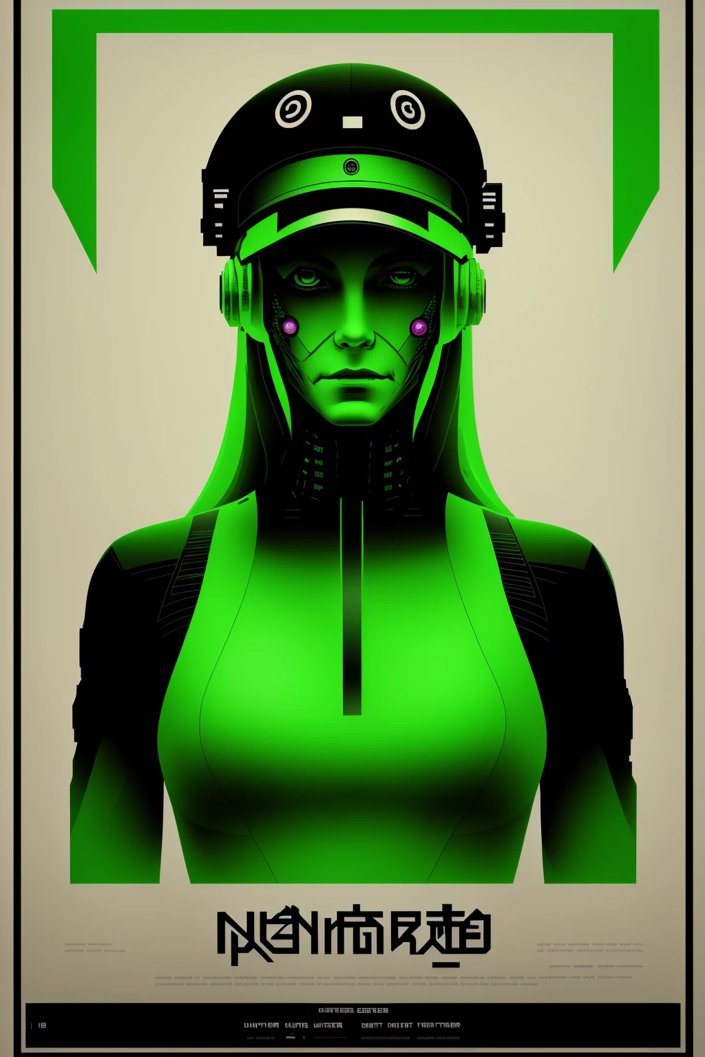 a poster with a picture of a woman with a gun , a woman with green hair and a green hat , cyber_graphic