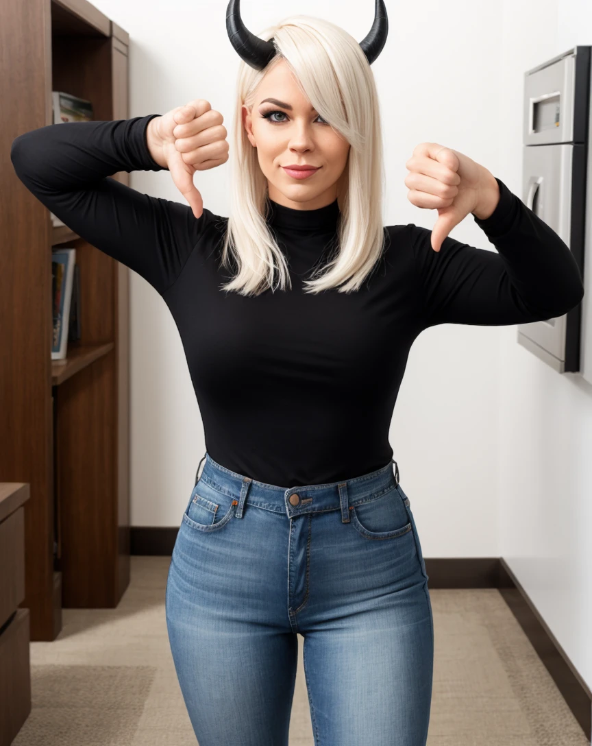 mature female, lips, dress, demon horns, smug, jeans, thumbs down, platinum blonde hair,long hair,
<lora:thumbs-down:0.8>