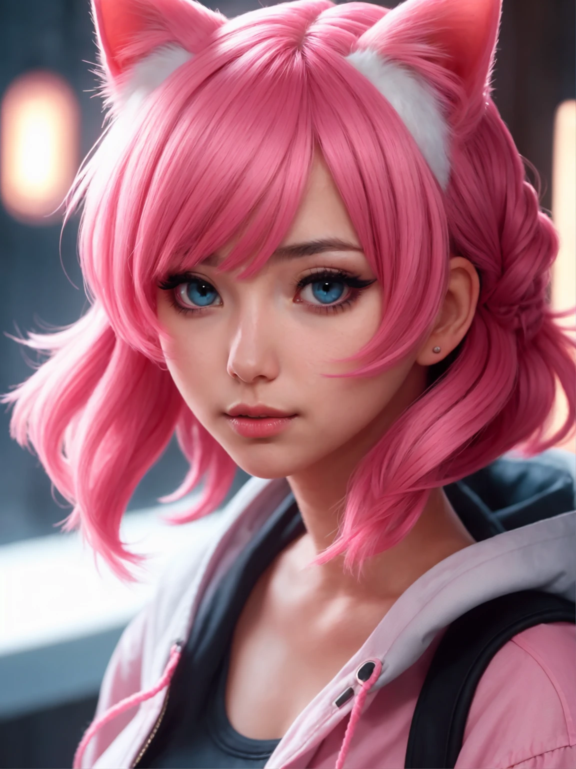 masterpiece, best quality, (1girl), beautiful detailed eyes, looking at viewer, upper body, pink hair, shy, cat ears, very detailed, high resolution, sharp, sharp image, 4k, 8k,